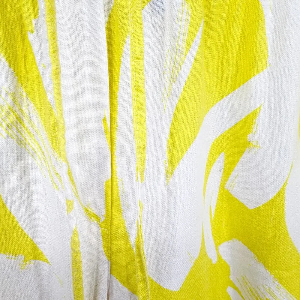 DKNY Linen Blend Wide Leg Crop Pants Yellow White Abstract Print Medium - Picture 3 of 12